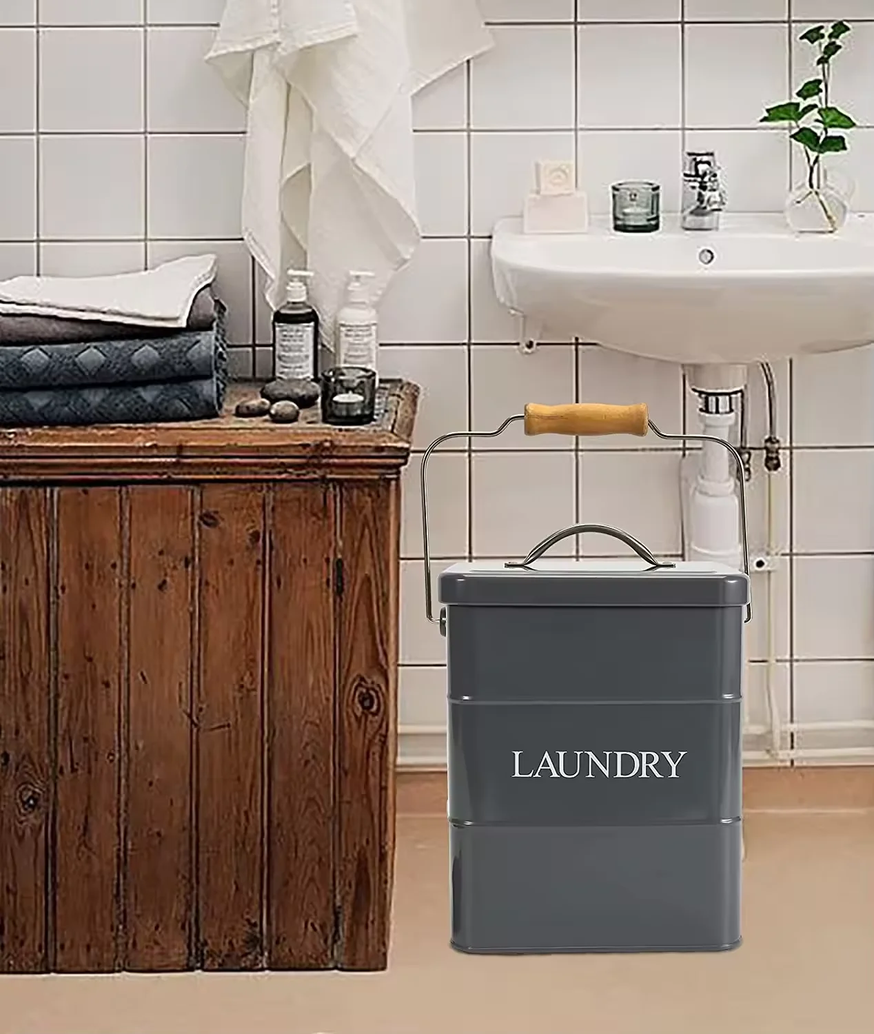 Laundry Room Organization Storage Home Metal Laundry Powder Box With Lid And Wooden Handle