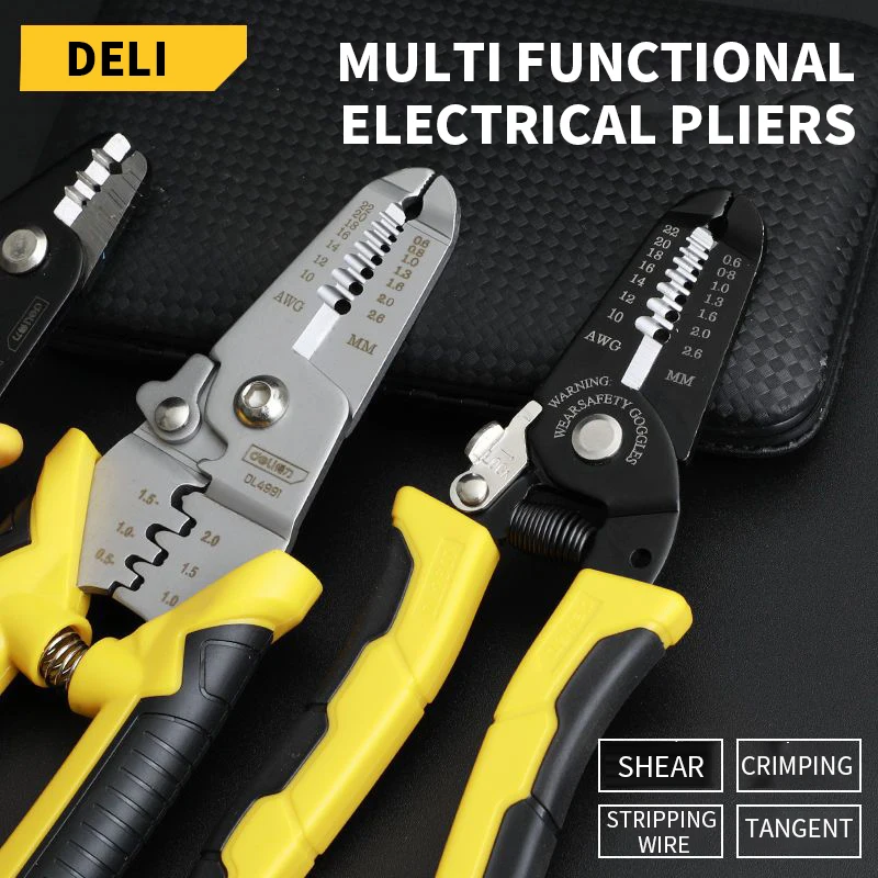 Special tools for electricians: multifunctional pliers, wiring pliers, universal wire and cable scissors, wire pressing pliers.