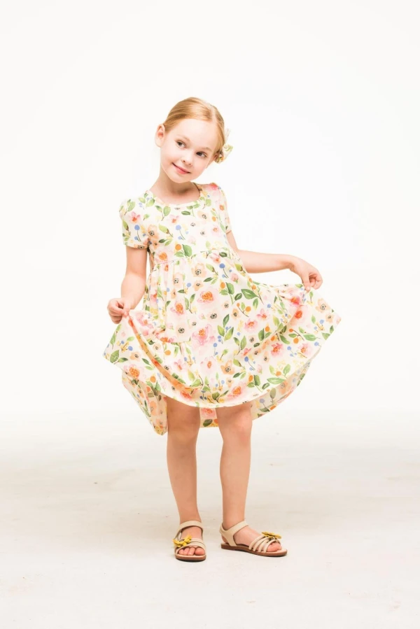 Dresses Clothing Fashion Baby Girl Dress Summer Floral Dress for Girls Children Jersey Short Sleeve OEM Service Plain Dyed Sweet