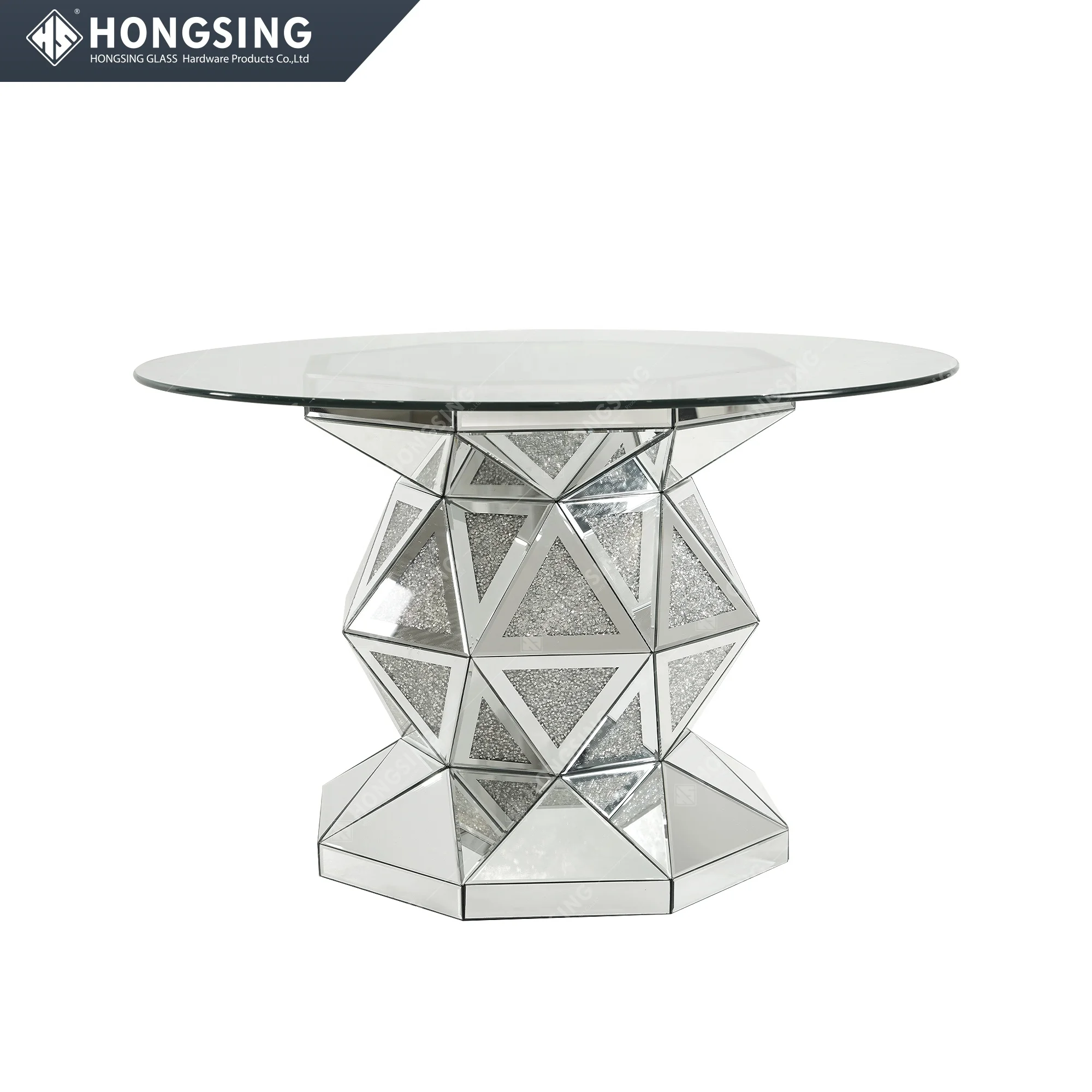 Silver Mirrored Dining Table Modern Crushed Diamond Furniture Geometric Shape Tempered Glass Dining Table