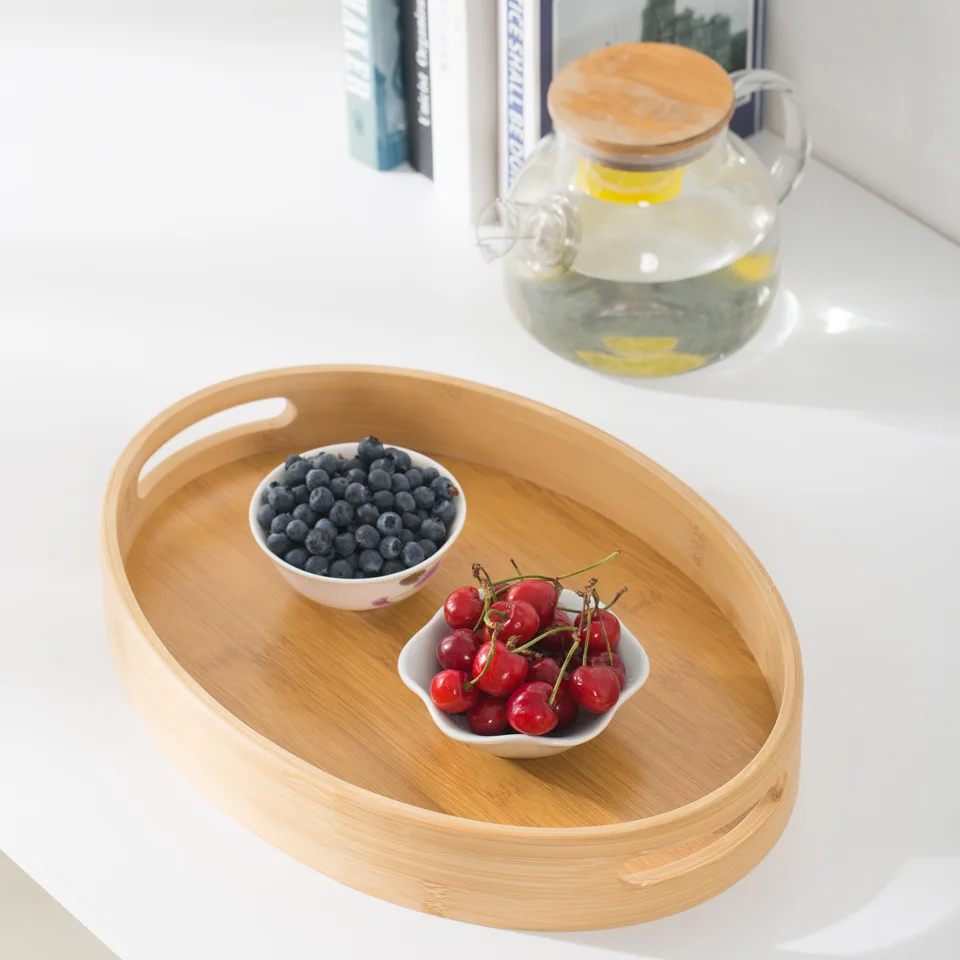 Custom Hotel Restaurant Tray Decoration Oval Shape Tray Bamboo Serving Tray With Handles