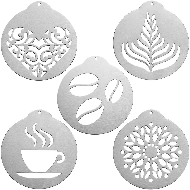 5pcs Stainless Steel Coffee Stencils Set Coffee Barista Tools Cappuccino Arts Templates Coffee Garland Mould