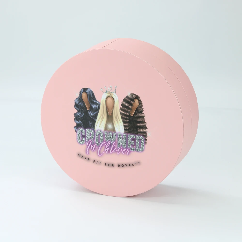 Luxury Custom Round Shape Rigid Paper Gift Box For Hair Extension Packaging With Satin Inside