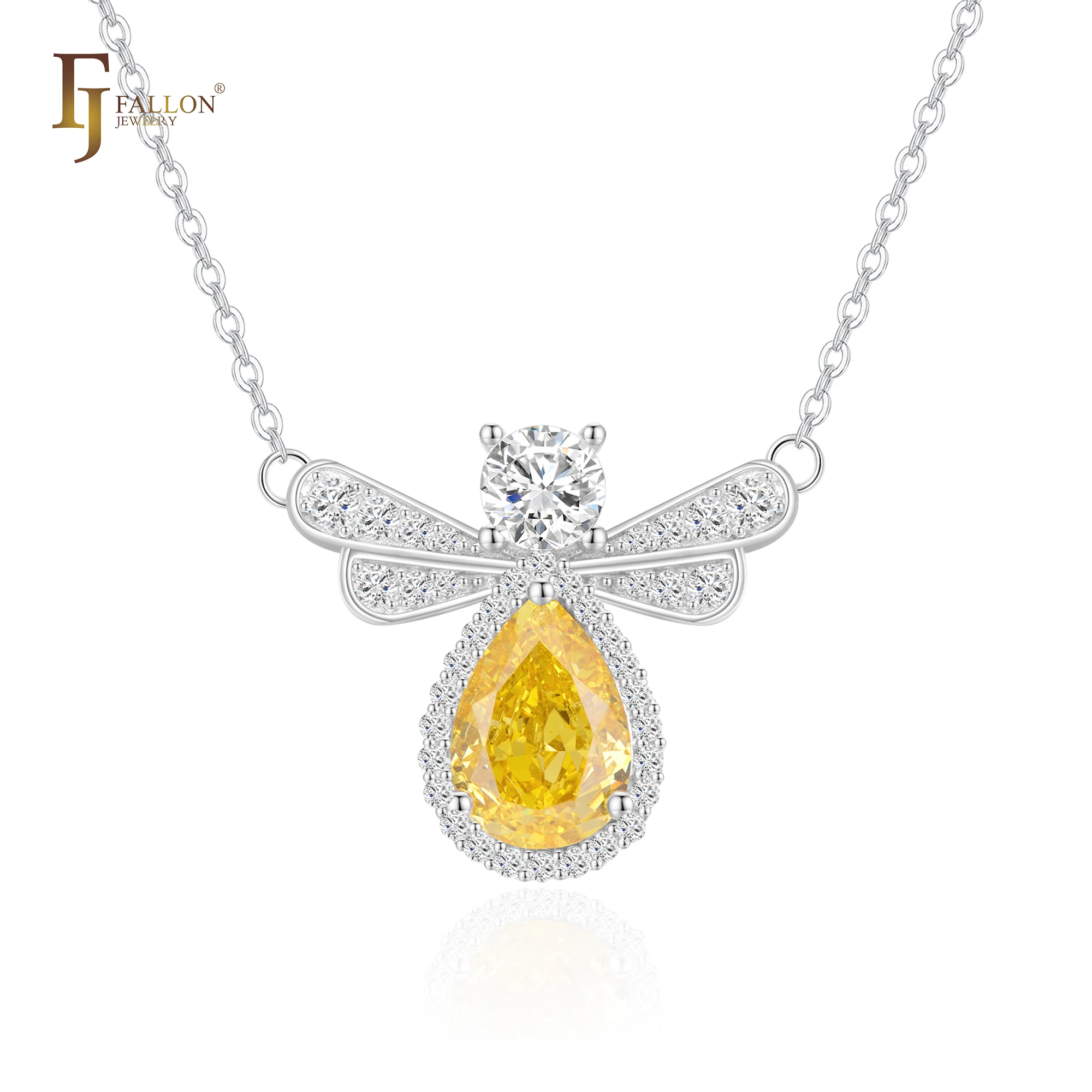 S925 5A+ CZ Stone Yellow Shiny Zircon Cute Bee Shape  White Gold Plated Sterling Silver Pendant Necklace