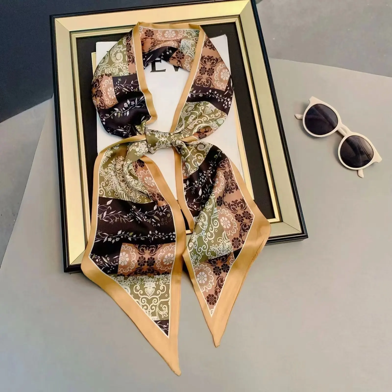 2024 New Collection Customized Brown Beige Checkered Jacquard Printed Silk Scarf Made Ready Stock Wholesale Bulk Order