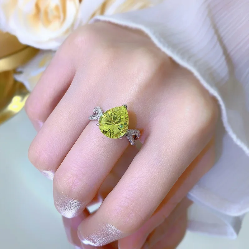 Silver Jewelry Ring Yellow peridot zircon Big CZ Princess Cut Sterling 925 Silver Engagement Ring for Women
