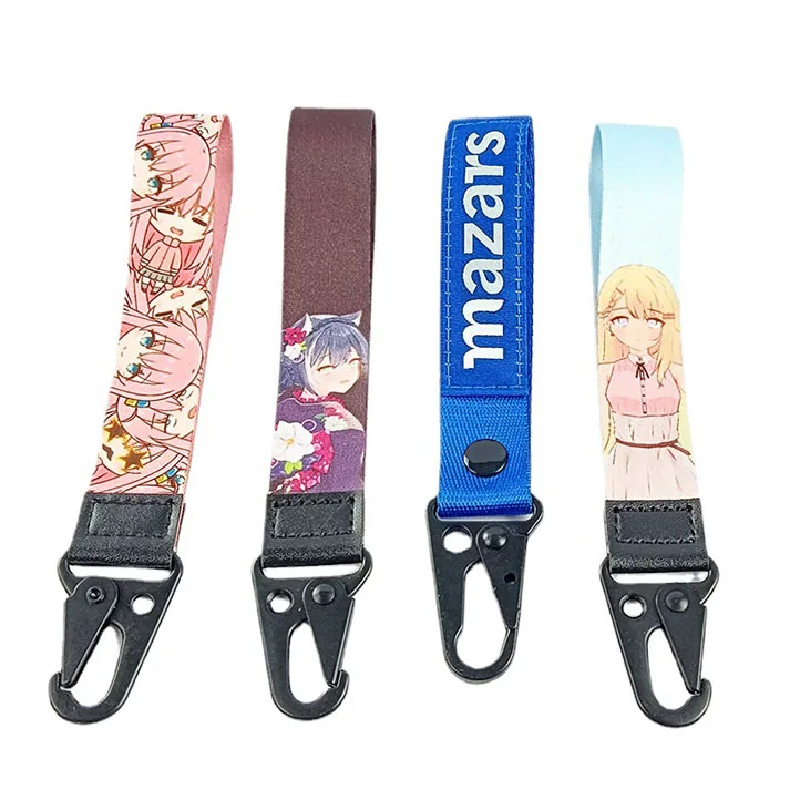 Custom Polyester with Eagle Mouth Buckle Short Strap Car Motorcycle Locomotive Embroidery Keychain rope carabiner Wrist Lanyard