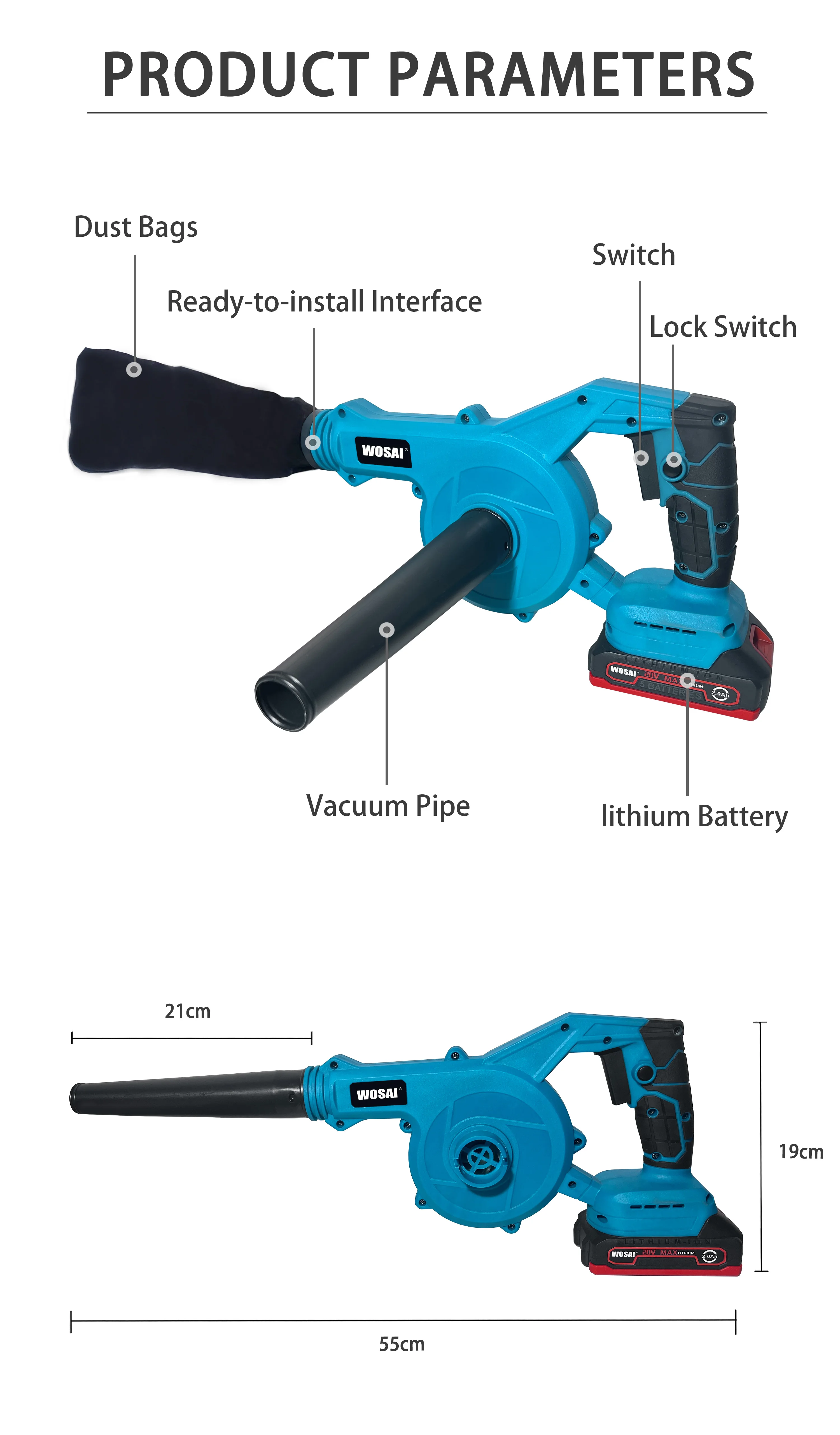 Cordless battery operated leaf blowers  20V 600W 370 CFM Brushless WOSAI snow blower machine blower vacuum electric garden too