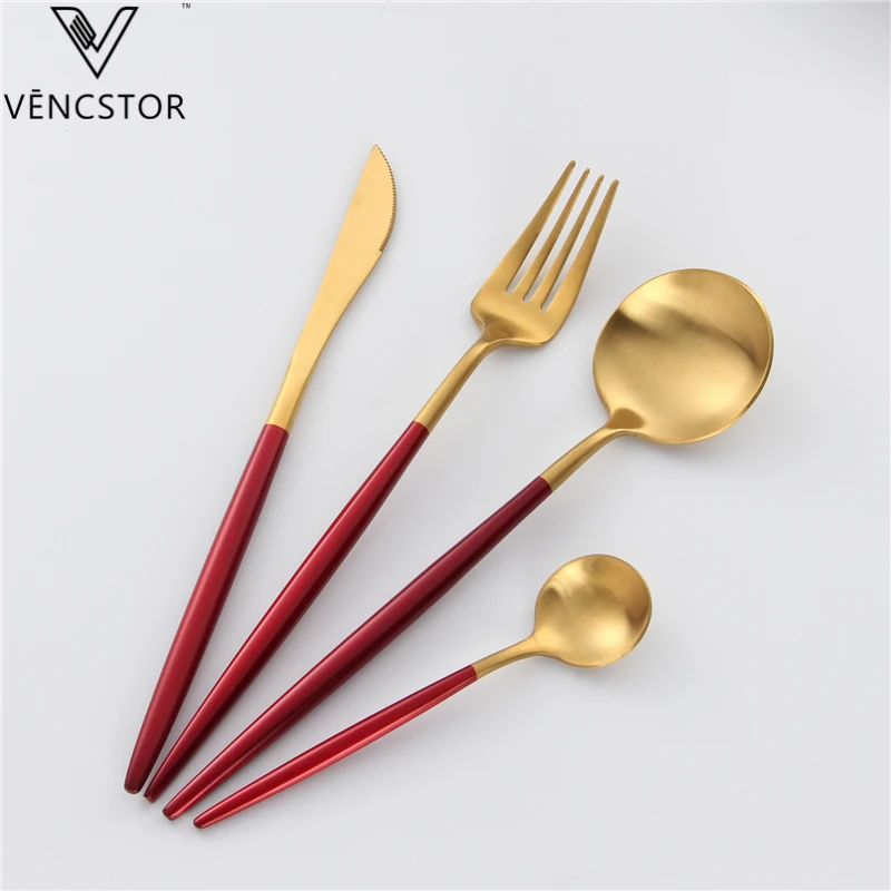 Modern style Red Handle Plated Gold Cutlery Spoon Fork Knife stainless steel Flatware set