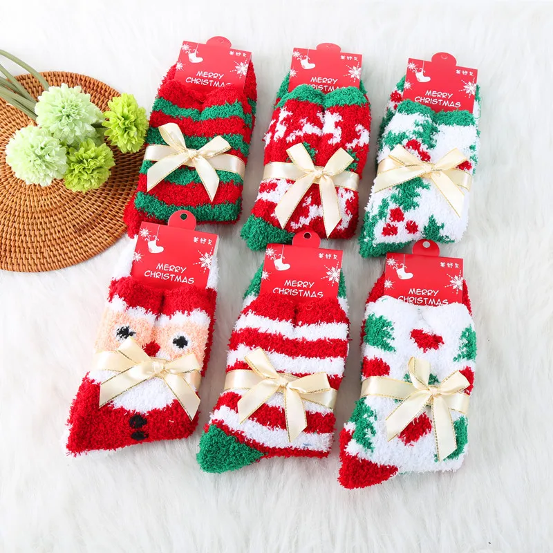 Hot Sale Bow-knot Thermal Socks Women Girl Fuzzy Ripple Slipper Socks Snowflake Home Coral Cozy Winter Christmas Gift Socks