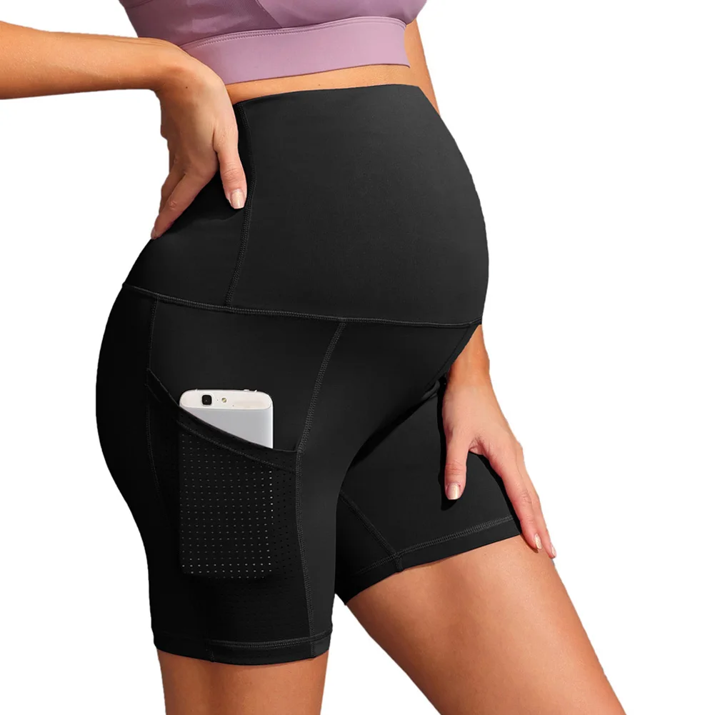  OEM Ladies Stretchy Sports Short Pants With Pockets High Waist Maternity Yoga Shorts