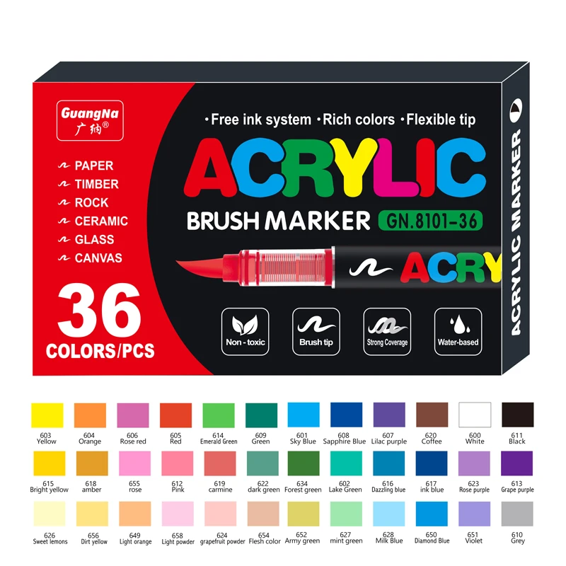 12/24/36 Colors Waterproof Soft Head Acrylic Marker Set Safe Odorless Liquid Acrylic Markers