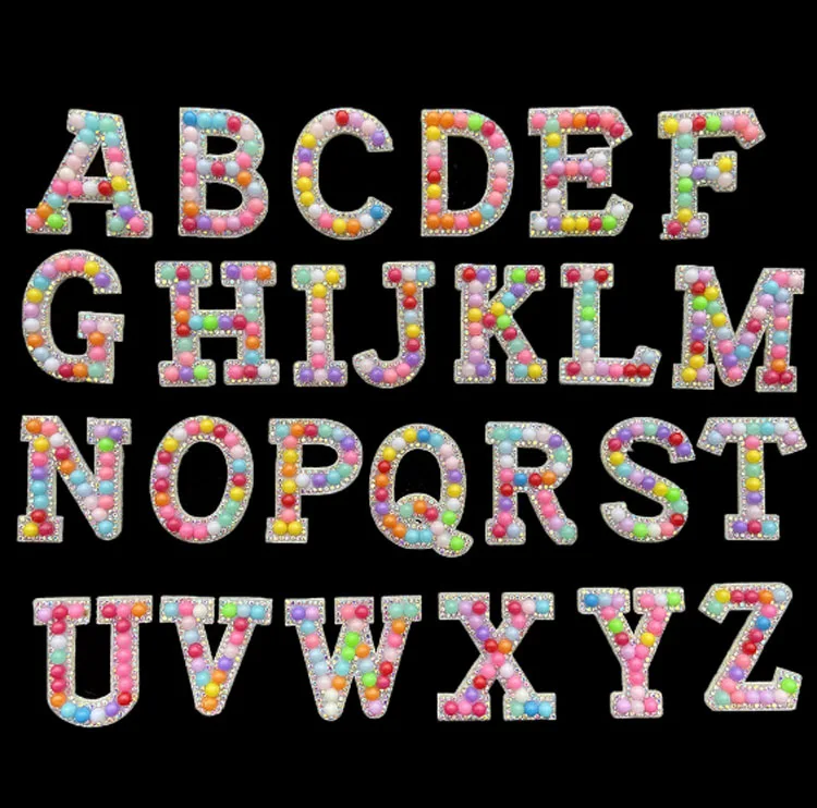 Hot Sale 26 Alphabet Pearl Rhinestone letters Ironing On Patches Applique 3d Diy Pearl Patches Cute Letter Patches