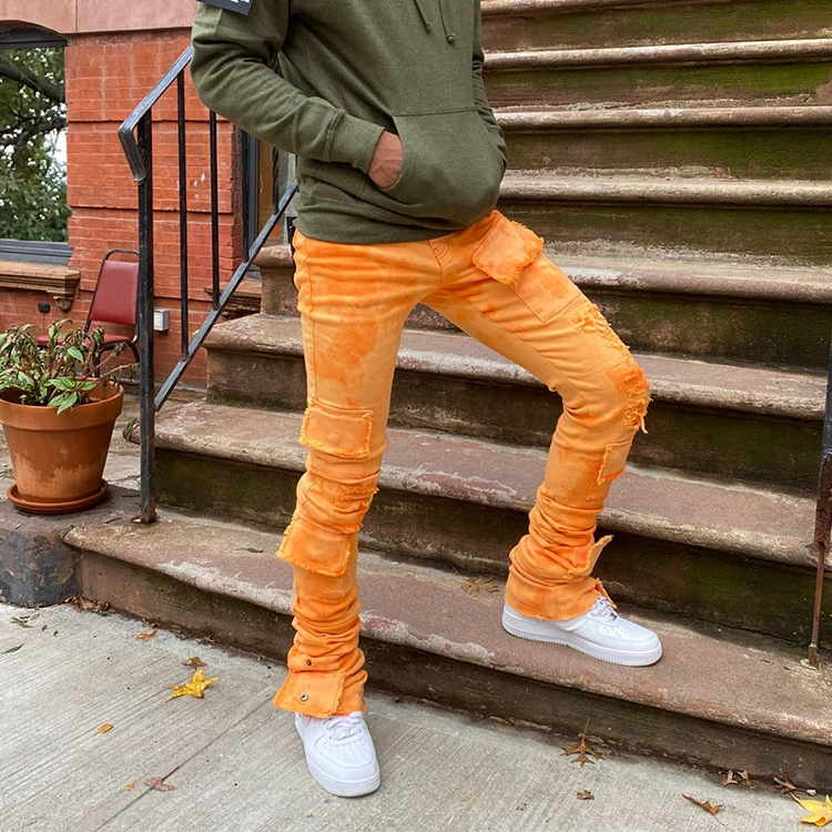 HuiLi High street fashion colorful jeans OEM brand multi pocket washed cargo denim pants slim fit custom stacked jeans men