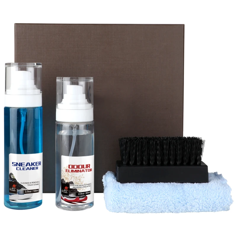 Transparent premium bottle package sneaker odour eliminator spray refreshed shoe cleaner set