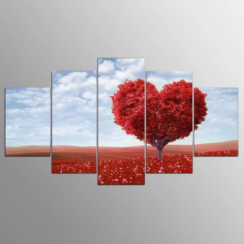 5 Panels Red Loving Heart Tree Wall Art Posters For Modern Home Decor HD Canvas Painting Living Room Modular Pictures