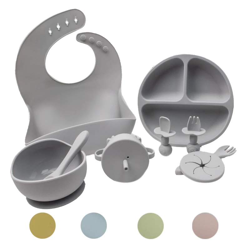 2023 Trending Supplies Eco Friendly Led Weaning Set Baby Tableware 8PCS Bib Plate Suction Bowls Silicone Baby Feeding Products