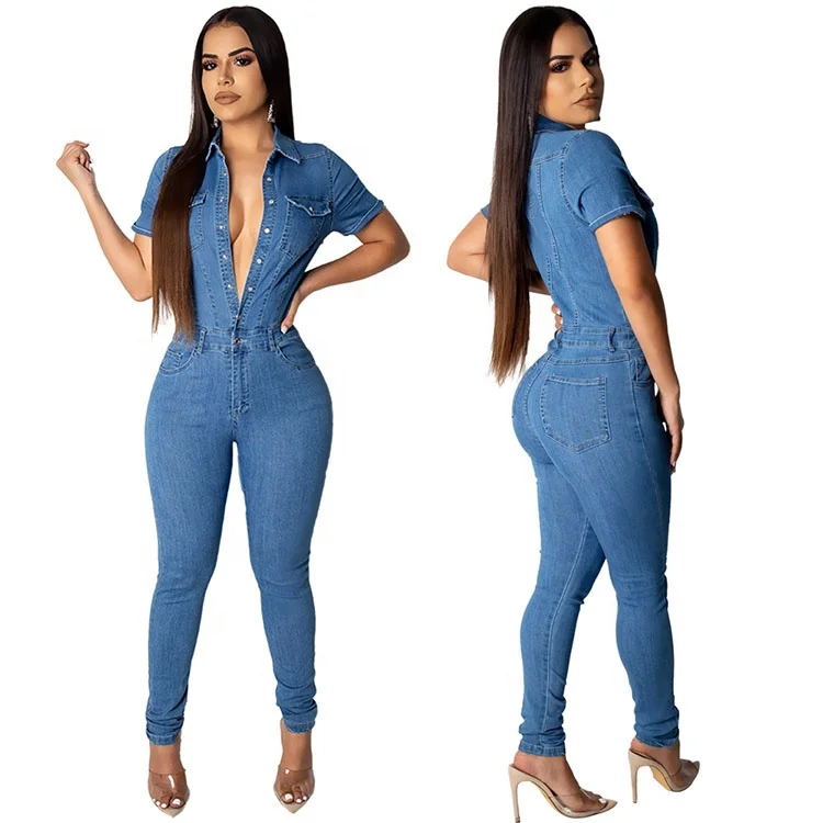 D2323 Amazon Product High Quality Popular Summer Casual Solid Color Short Sleeve Long Jeans Buttons Women Denim Jumpsuit