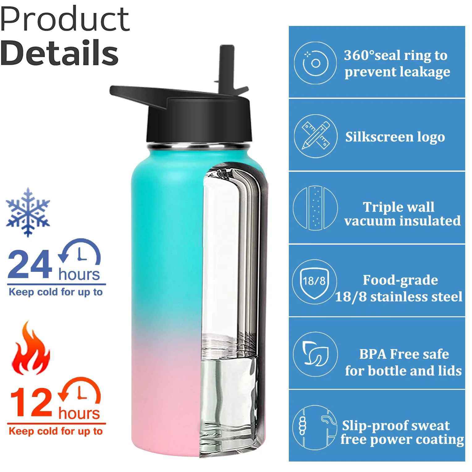 Bpa Free Wide Mouth Sport Double Wall Stainless Steel Vacuum Flask Wholesale Drink Cute Water Bottle Custom Logo