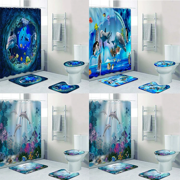 
3D Printing Design Bathroom Washroom Ocean Dolphin Waterproof Shower Curtains Toilet Lid Cover Anti Slip Rug Mat Set 4 pieces  (1600199983747)