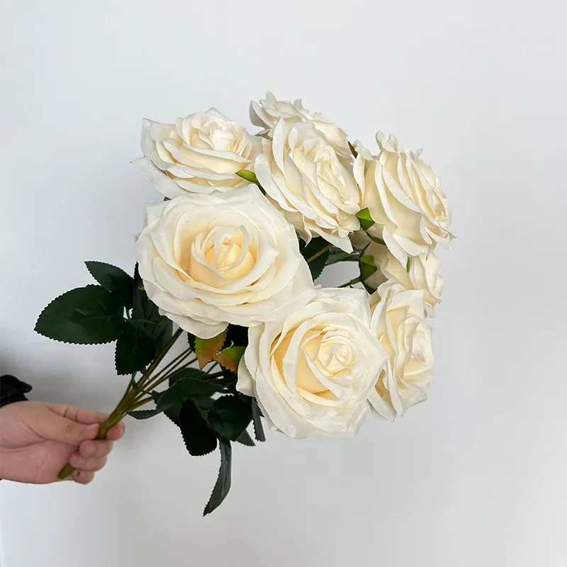 Yopin-2403 Wholesale 9 Heads Silk White Roses Artificial Rose Wedding Bouquets