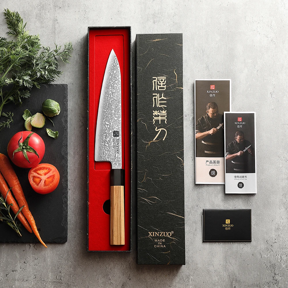 XINZUO New Custom Damascus Steel Chef Knife with Japanese Octagonal Olive Wood Buffalo Horn Handle Kitchen Knives