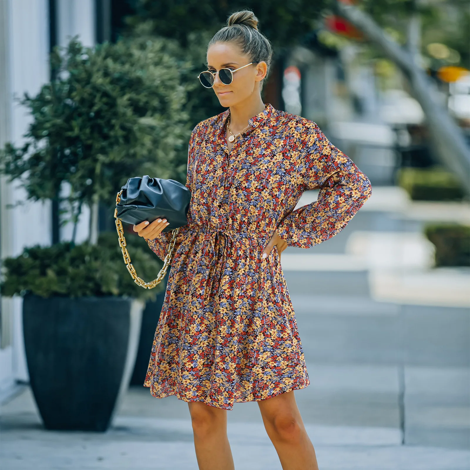 2021 Summer New design Wholesale Style Fashion Mandarin Collar Lace-up Floral Chiffon Dress Casual Dress