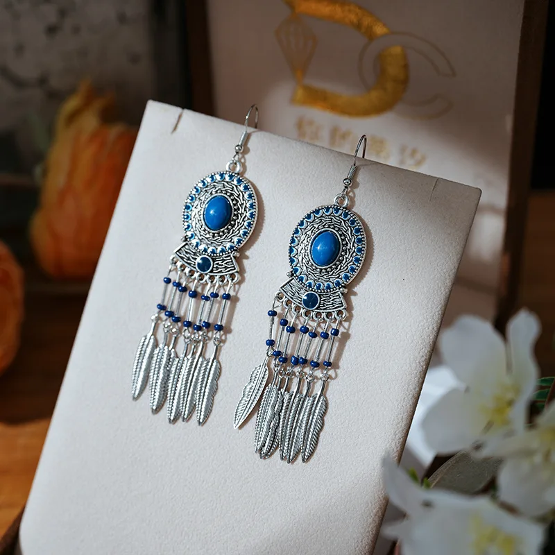 Bohemian Ethnic Purple Water Drop Feather Earrings For Women Elegant Drop Oil Rice Bead Earring Party Wedding Jewelry