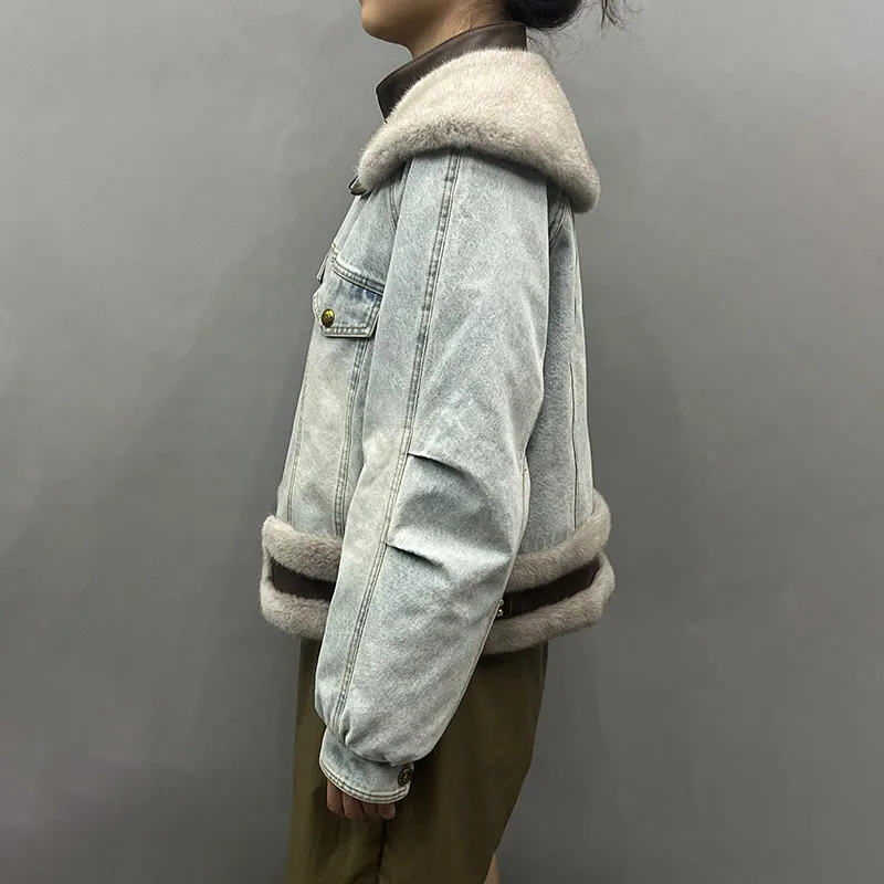 Jancoco New Style Cropped Duck Down Coat Women Really Mink Fur Collar Jacket