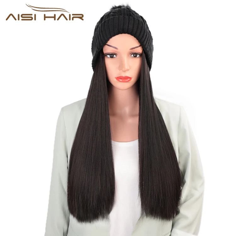 Aisi Hair Synthetic Black Long Straight Silky Cap Hair Knit Slouchy Hat Fiber Hair Extension With Cap For Black White Women