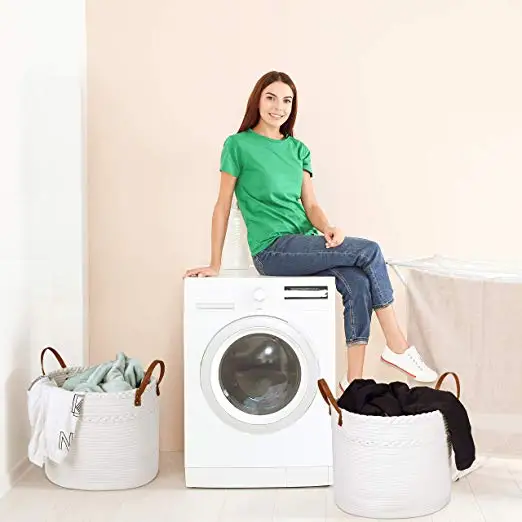 Dual-Braided Decorative fashion foldable Woven Laundry Cotton Rope storage Basket with Leather Handles