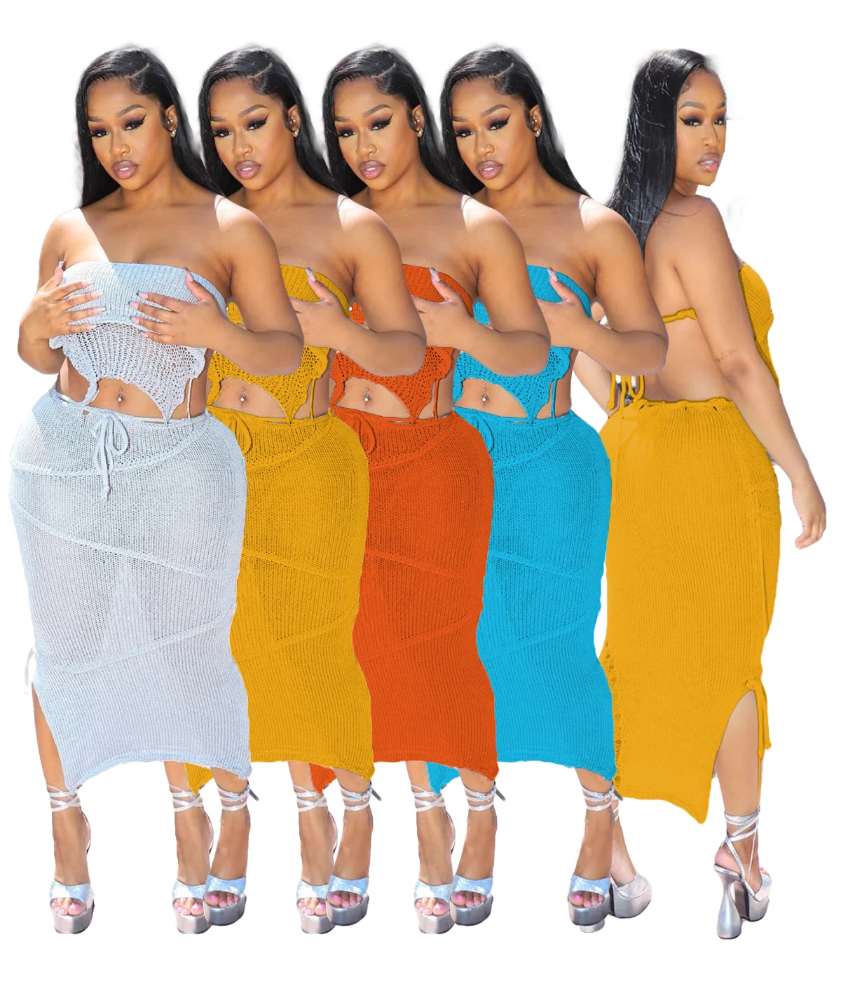 Summer Ladies off shoulder tube top with split maxi skirt 2023 Women Clothing crochet beach 2 Piece Skirt Set