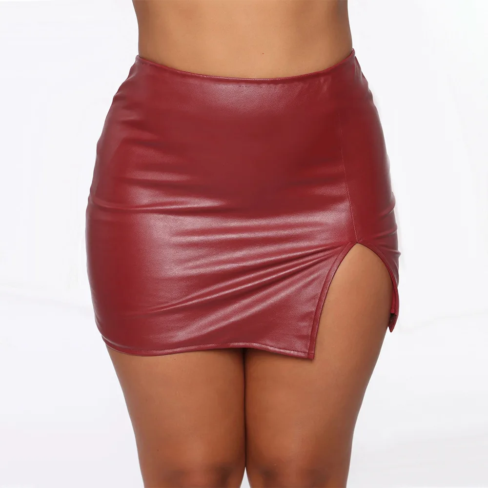 Women Leather Bandage High Waist Party Pencil Short Mini Skirt Ladies Womens  Solid Sexy Slit Skirts