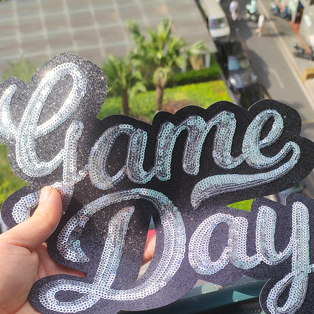 High quality pet patch silver glitter royal blue black sequin paw print iron on game day glitter sequin patches for clothing