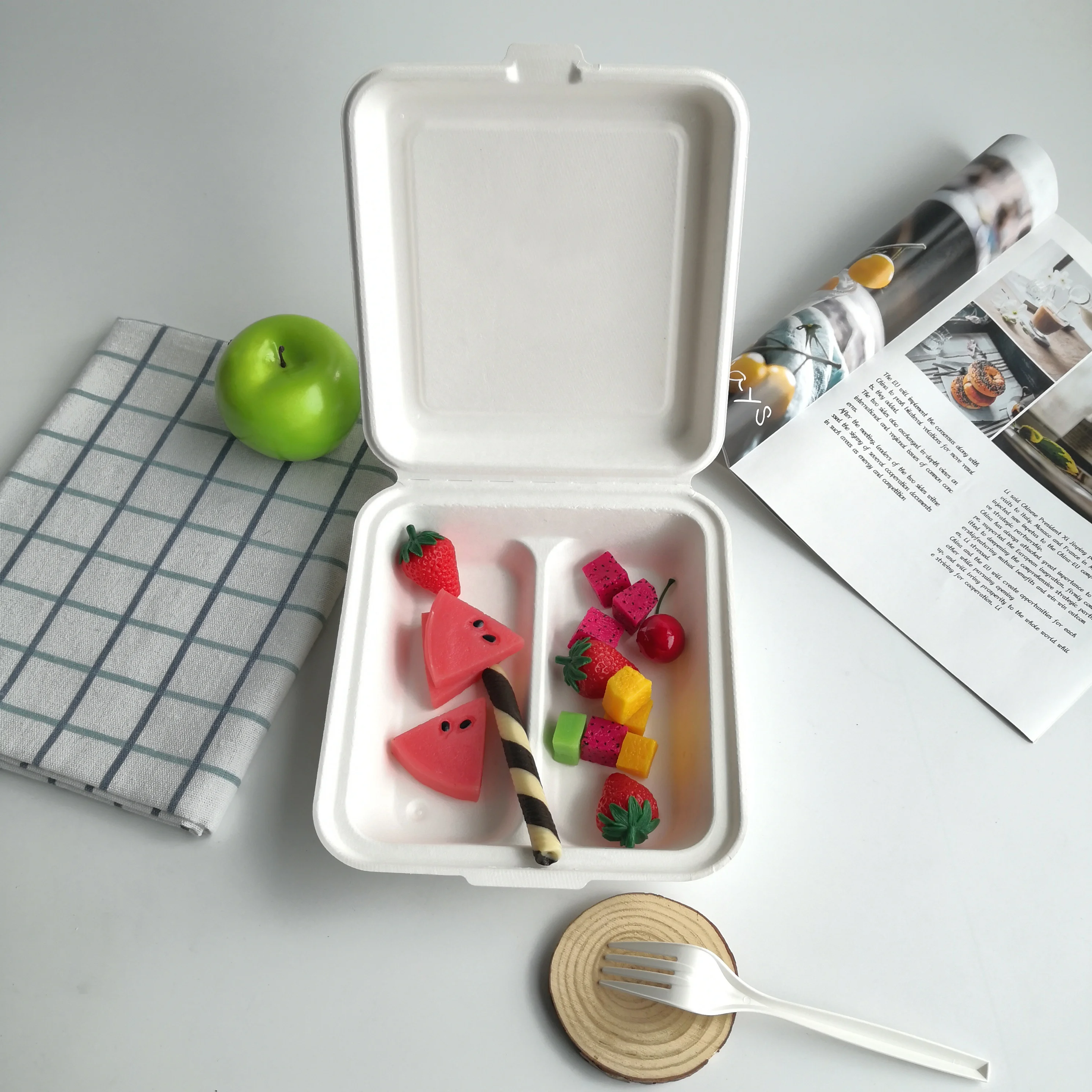 8Inch Sugarcane 2 Compartment Disposable Lunch Box With Compartment And Bagasse Single Compartment Food Container With Lid