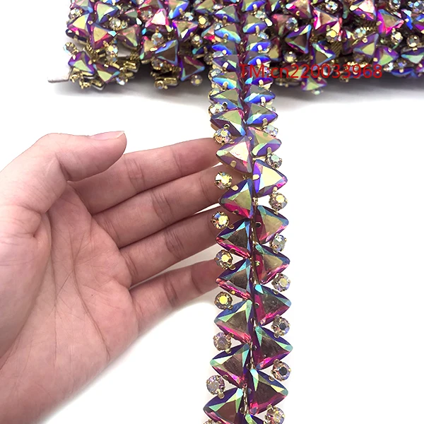 3cm wide Triangle Red AB resin rhinestone bling setting thin crystal sew on rhinestone chain trims for diy carnival garment