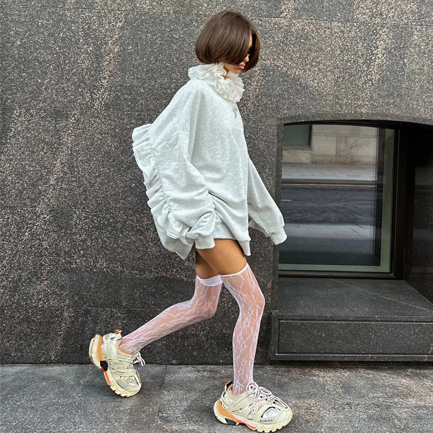 High Quality New Style Solid Color Neckline Lace Long Sleeves With Loose Ruffles Women Casual Hoodies Dress