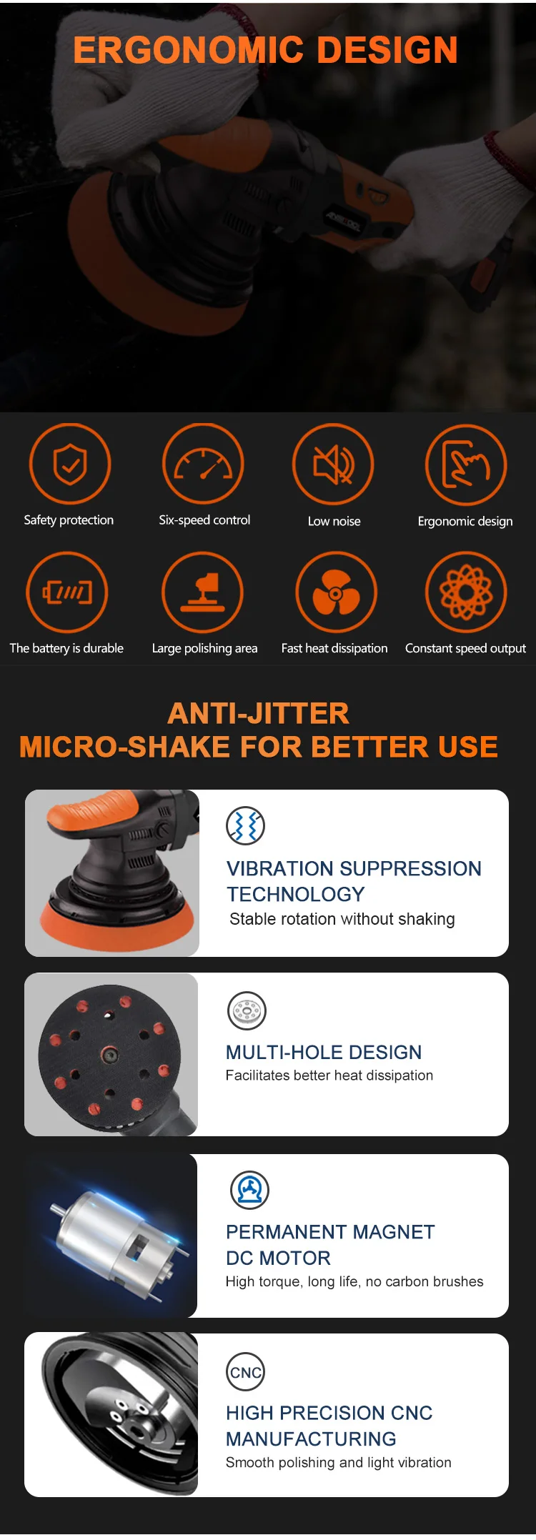 Best 6-speed Brushless Car Polisher 12mm orbit 400w 20v Orbit Lithium Cordless Car Polisher In tool