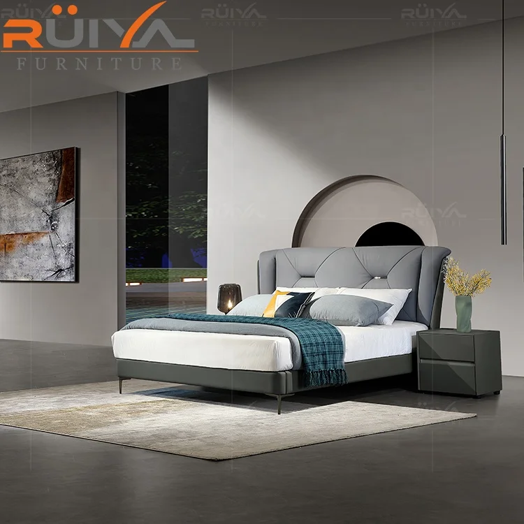 modern luxury bedroom furniture upholstered solid wood leather bed genuine leather bed frame