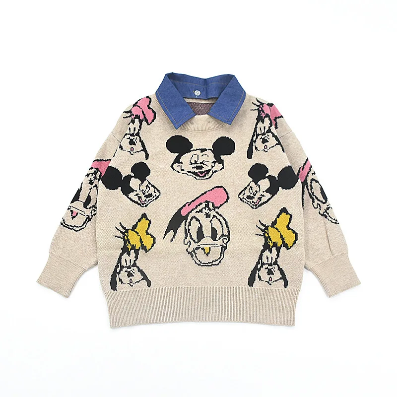 Baby cotton custom Mickey Mouse pattern knit pullover with removable denim collar