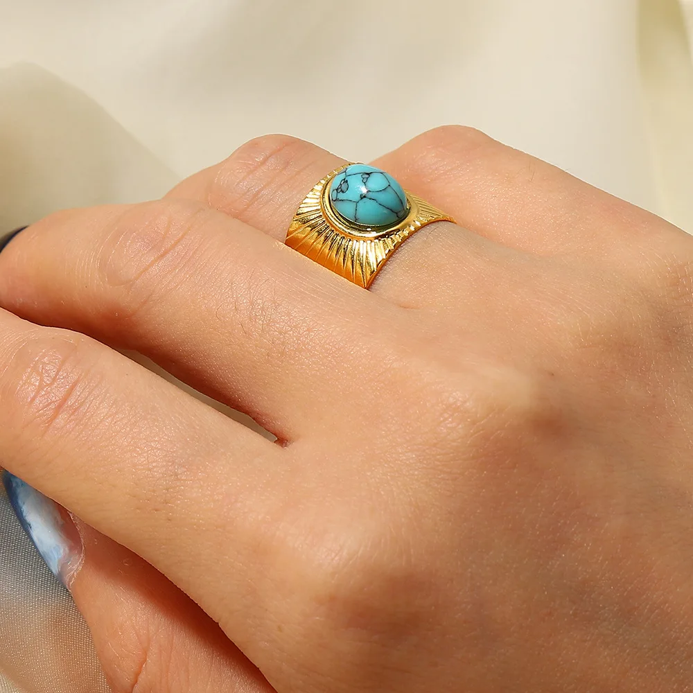 Delicate 18k Gold Plated Turquoise Swirl Marks Wide Opening Stainless Steel Rings For Women Jewelry