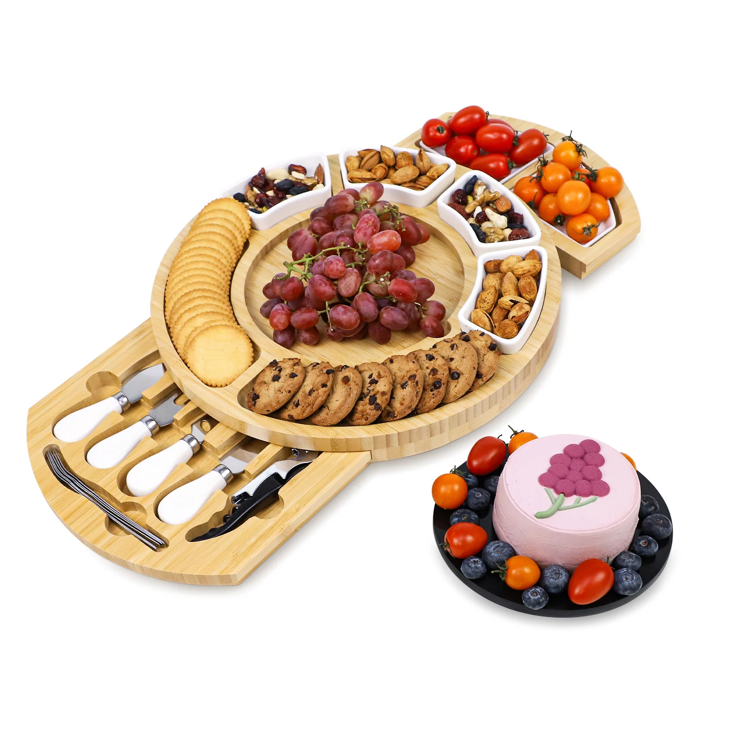 GL уникальный дизайн расширяемая бамбуковая доска для сыра с фруктовыми сырными тарелками лотки и набор ножей