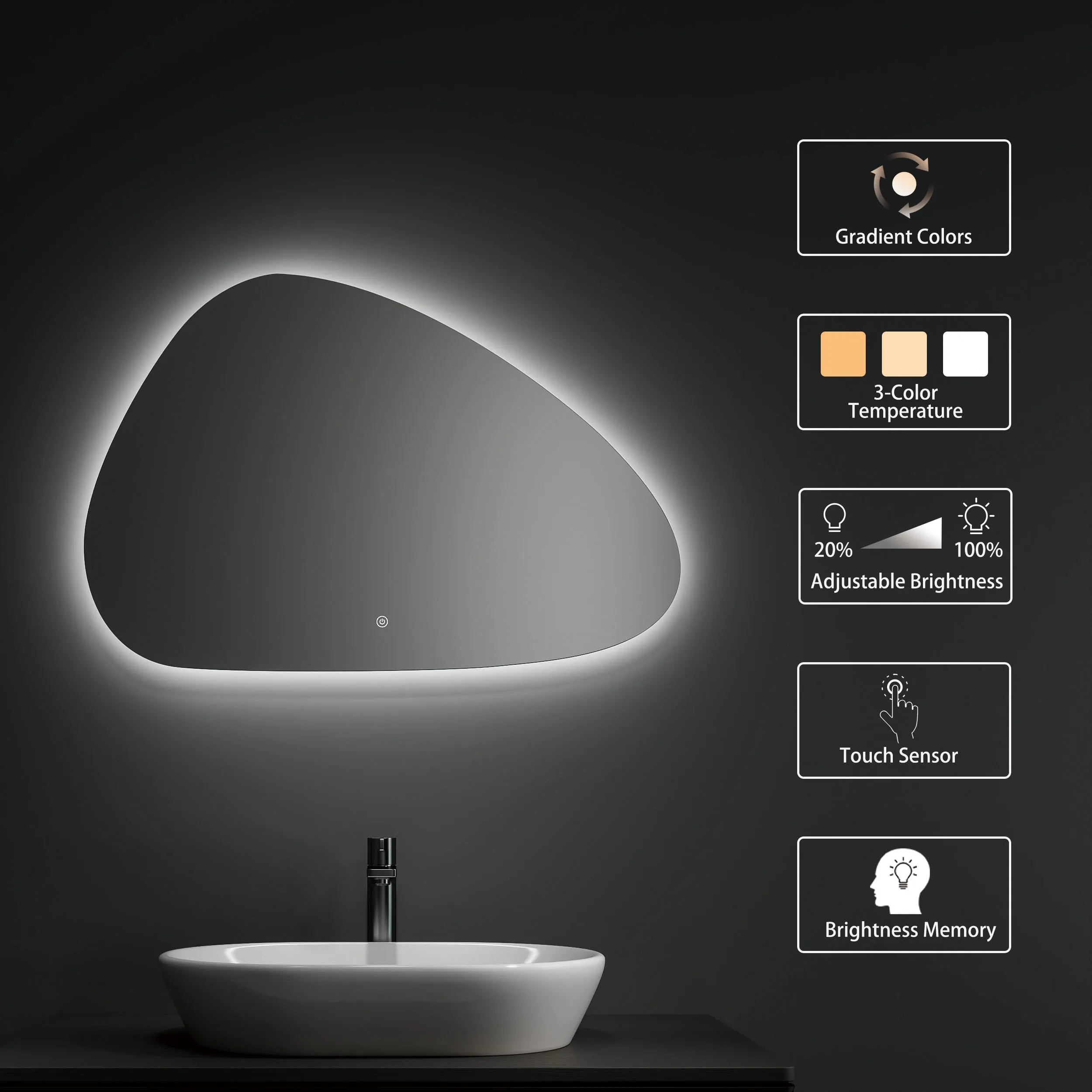 Stepless Dimmable Illuminated Frameless Hotel Backlit With Light Irregular Touch Bathroom Led Mirror Adjustable Led Mirror