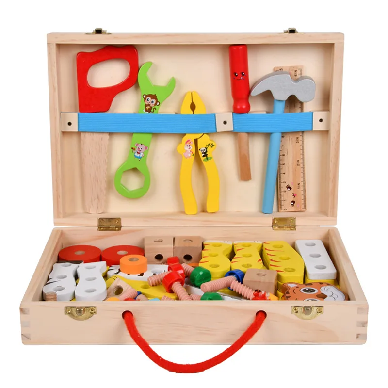 Kids Roleplay Wooden Repair Toolbox Set Educational Assembly Toys with Screws and Nuts