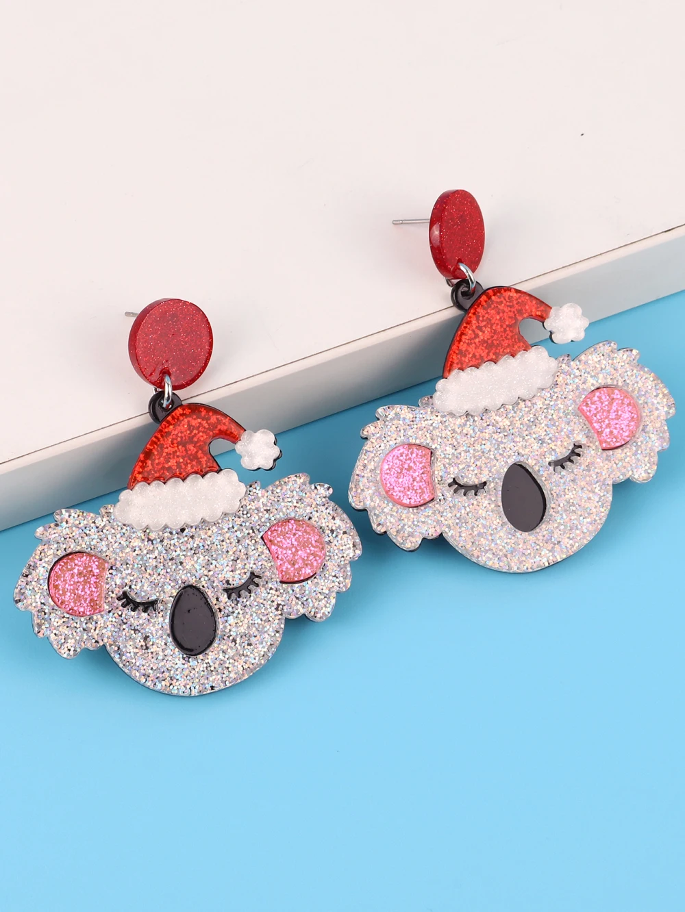 Wholesale Best selling creative animal glitter Cute Koala Santa hats Laser Cutout acrylic earrings for women