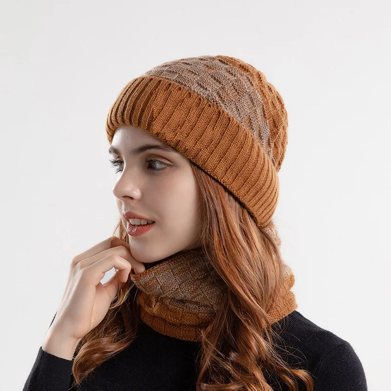 New Unisex Winter Stripe Beanie Hat Women Men Warm Slouchy Knitted Fleece Lined Skull Cap Beanie and Scarf Set