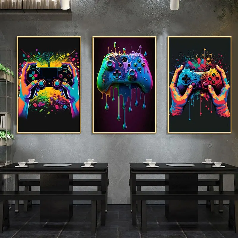 80s Colorful Punk Neon Gamer Controller Cool Gaming Poster For Wall Art Esports Game Room Decor Canvas Painting Home Living Room