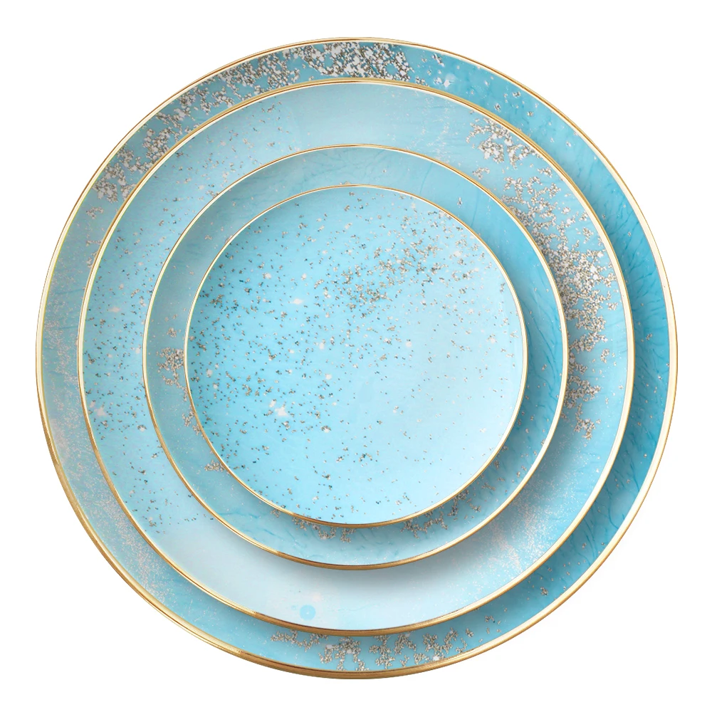 Factory Directly Wholesale Round sky blue fruit plate ceramic dinnerware Set For wedding
