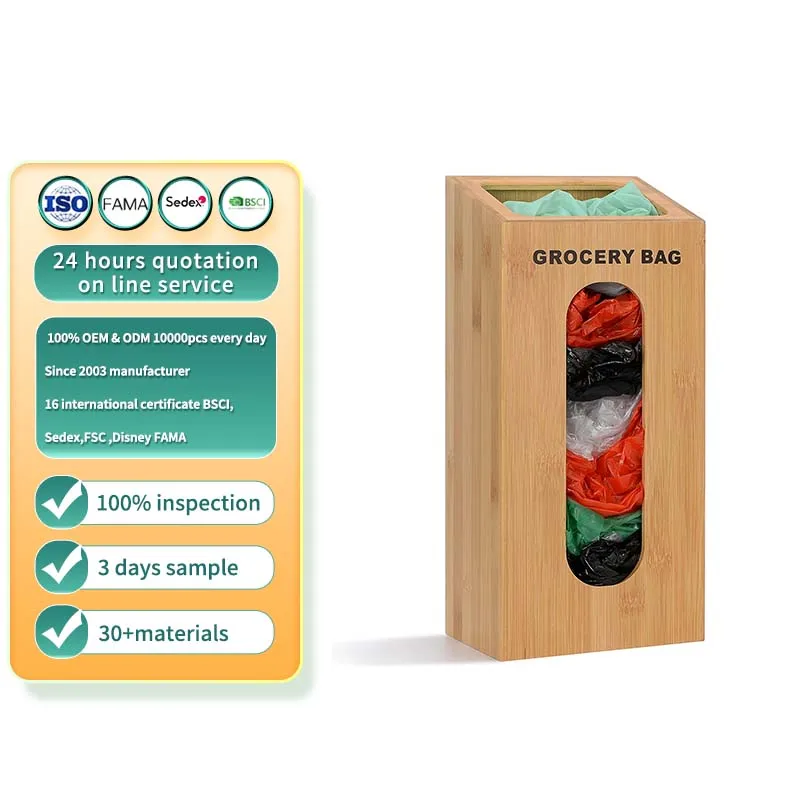 wooden Plastic Bag Holders for Grocery Bags Bamboo Trash Bag Dispense with Large Opening Slot for Kitchen and bathroom