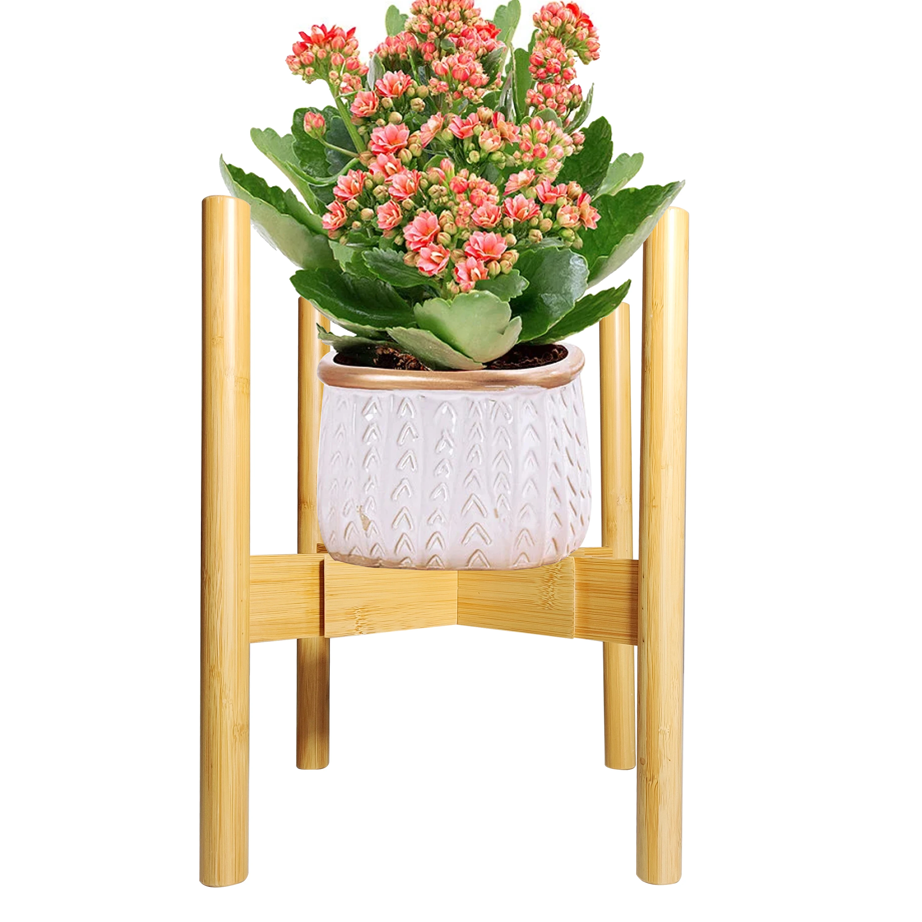 Bamboo Adjustable Plant Pot Stand Indoor Flower Pot Holder Display Plants Pots and Stand With Stand Tray
